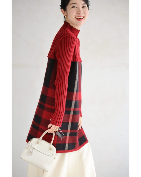 (ML/2L3L対応)(レッド×ブラック)切り替えチェックのリブニットチュニックトップス