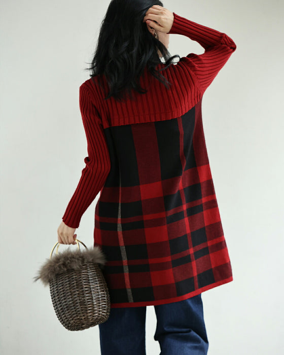(M-L/2L/3L) (Red x Black) Checkered ribbed knit tunic top