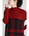 (ML/2L3L対応)(レッド×ブラック)切り替えチェックのリブニットチュニックトップス