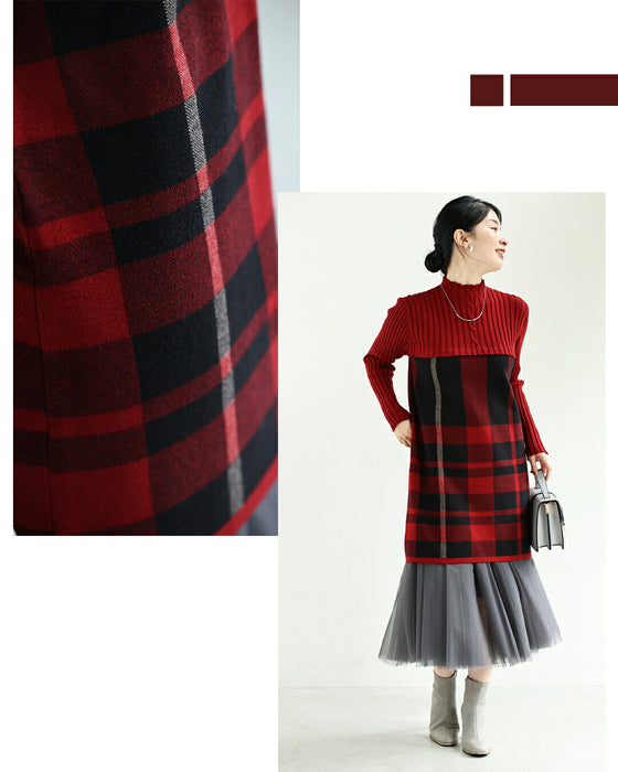 (M-L/2L/3L) (Red x Black) Checkered ribbed knit tunic top