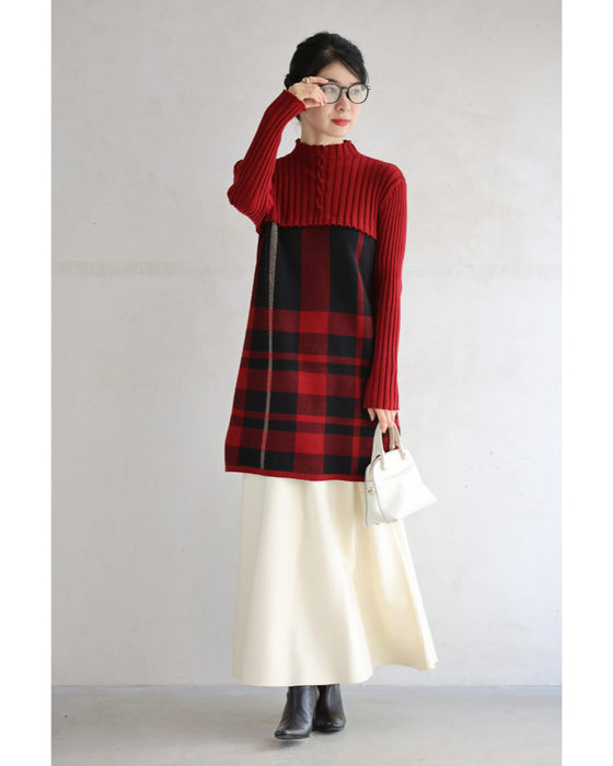 (ML/2L3L対応)(レッド×ブラック)切り替えチェックのリブニットチュニックトップス