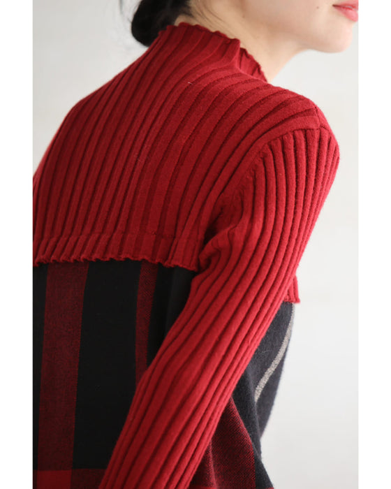 (ML/2L3L対応)(レッド×ブラック)切り替えチェックのリブニットチュニックトップス