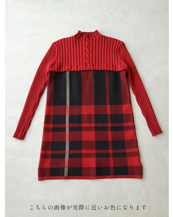 (M-L/2L/3L) (Red x Black) Checkered ribbed knit tunic top