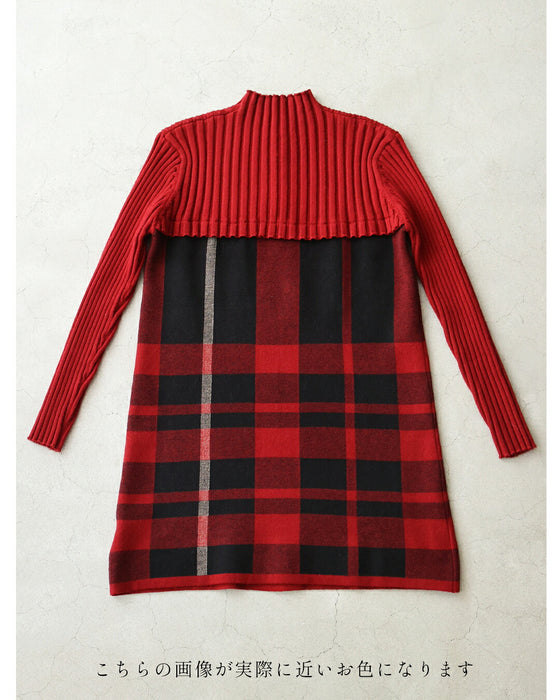 (M-L/2L/3L) (Red x Black) Checkered ribbed knit tunic top