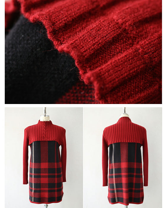 (M-L/2L/3L) (Red x Black) Checkered ribbed knit tunic top