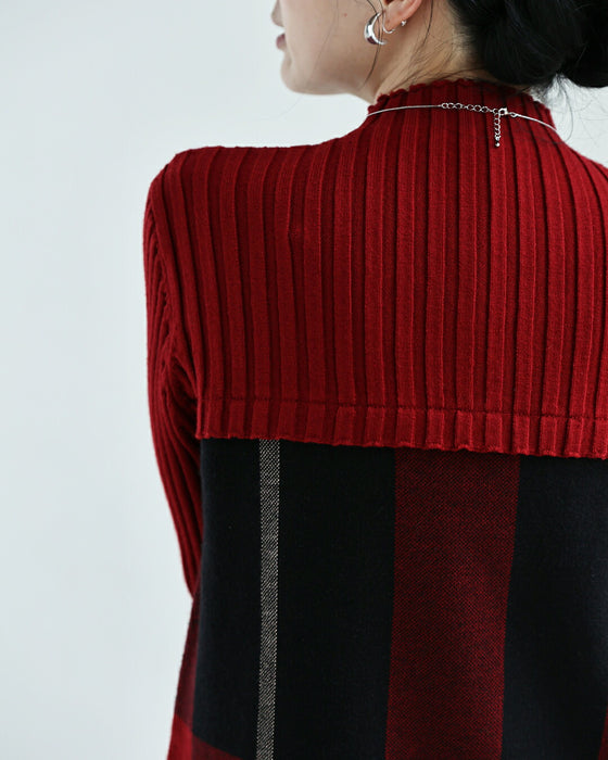 (M-L/2L/3L) (Red x Black) Checkered ribbed knit tunic top