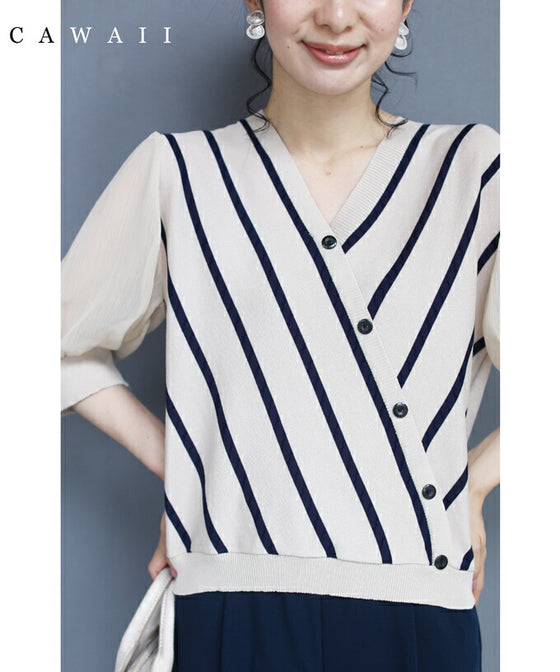 【アウトレット返品交換不可】内向きストライプで細見せ トップス