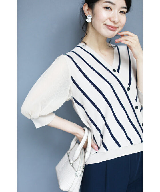 【アウトレット返品交換不可】内向きストライプで細見せ トップス