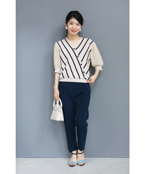 【アウトレット返品交換不可】内向きストライプで細見せ トップス