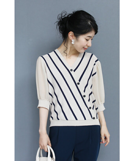 【アウトレット返品交換不可】内向きストライプで細見せ トップス