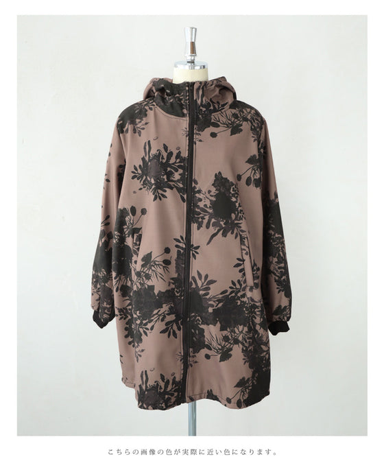 [Sale items cannot be returned or exchanged] Warm, brushed inside, floral print zip-up long parka 