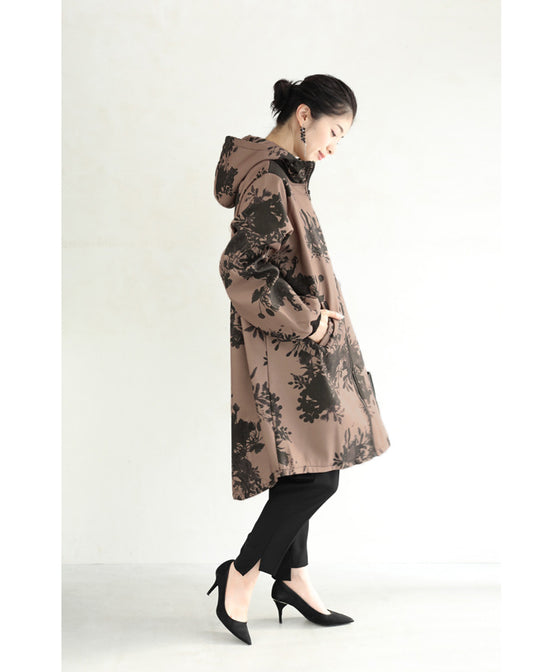 [Sale items cannot be returned or exchanged] Warm, brushed inside, floral print zip-up long parka 