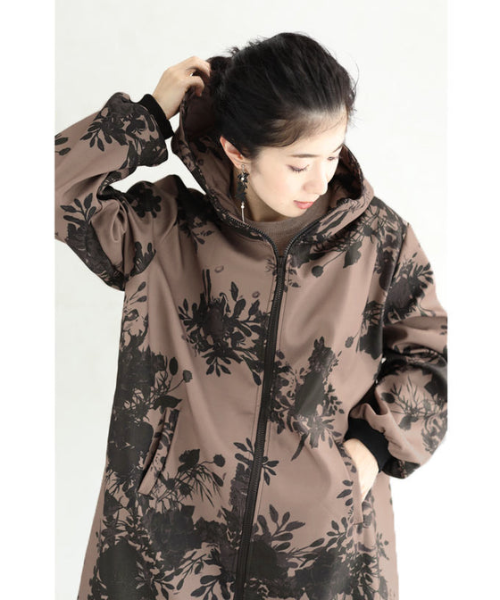[Sale items cannot be returned or exchanged] Warm, brushed inside, floral print zip-up long parka 