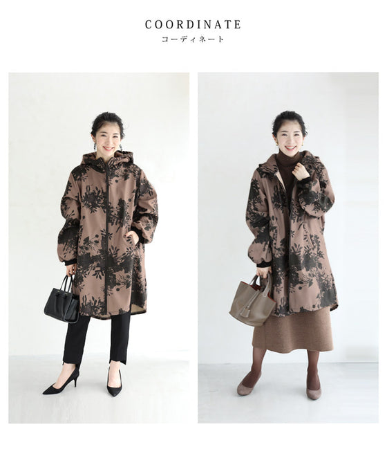[Sale items cannot be returned or exchanged] Warm, brushed inside, floral print zip-up long parka 