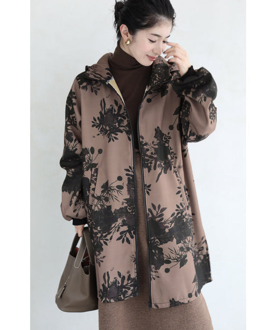 [Sale items cannot be returned or exchanged] Warm, brushed inside, floral print zip-up long parka 