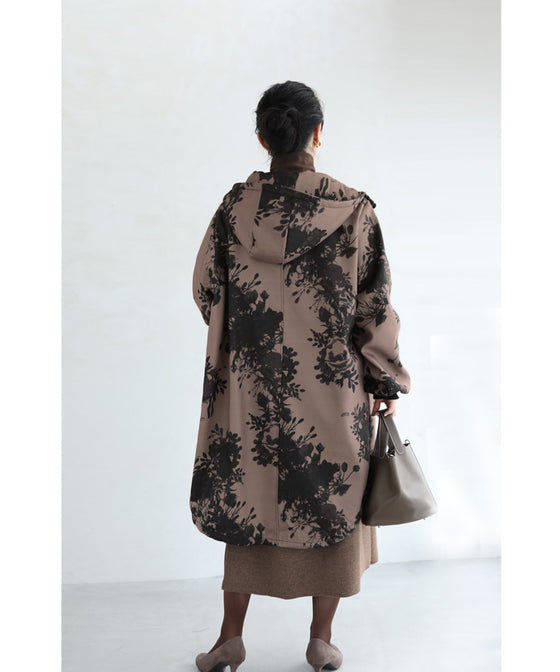 [Sale items cannot be returned or exchanged] Warm, brushed inside, floral print zip-up long parka 