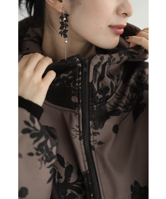 [Sale items cannot be returned or exchanged] Warm, brushed inside, floral print zip-up long parka 
