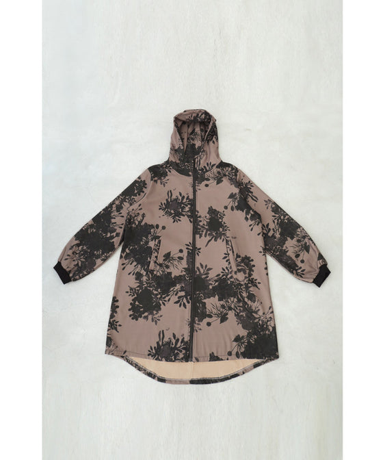 [Sale items cannot be returned or exchanged] Warm, brushed inside, floral print zip-up long parka 