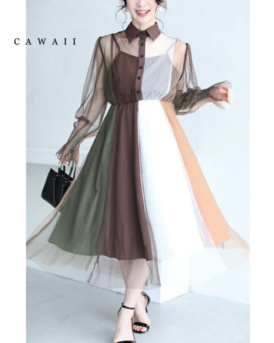 ふわり舞うブロッキングカラーのチュールミディアムワンピース