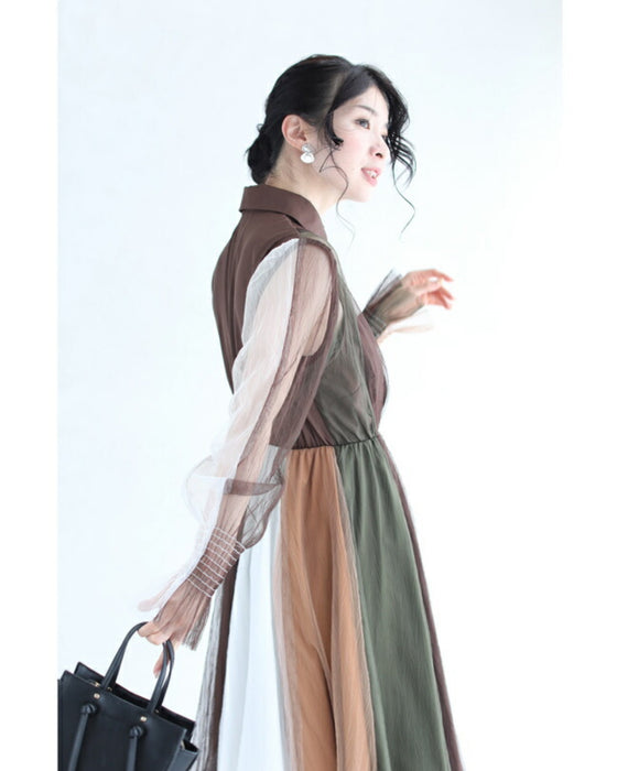 ふわり舞うブロッキングカラーのチュールミディアムワンピース