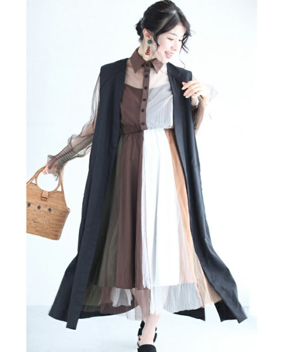 ふわり舞うブロッキングカラーのチュールミディアムワンピース