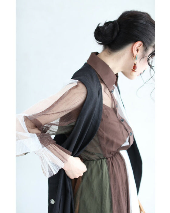 ふわり舞うブロッキングカラーのチュールミディアムワンピース