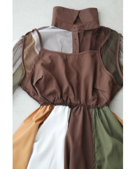 ふわり舞うブロッキングカラーのチュールミディアムワンピース