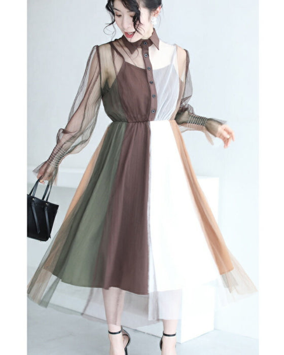 ふわり舞うブロッキングカラーのチュールミディアムワンピース