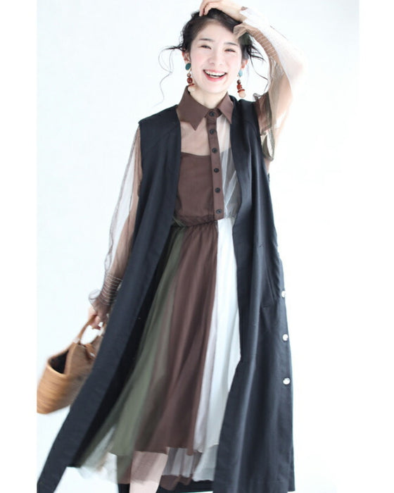 ふわり舞うブロッキングカラーのチュールミディアムワンピース