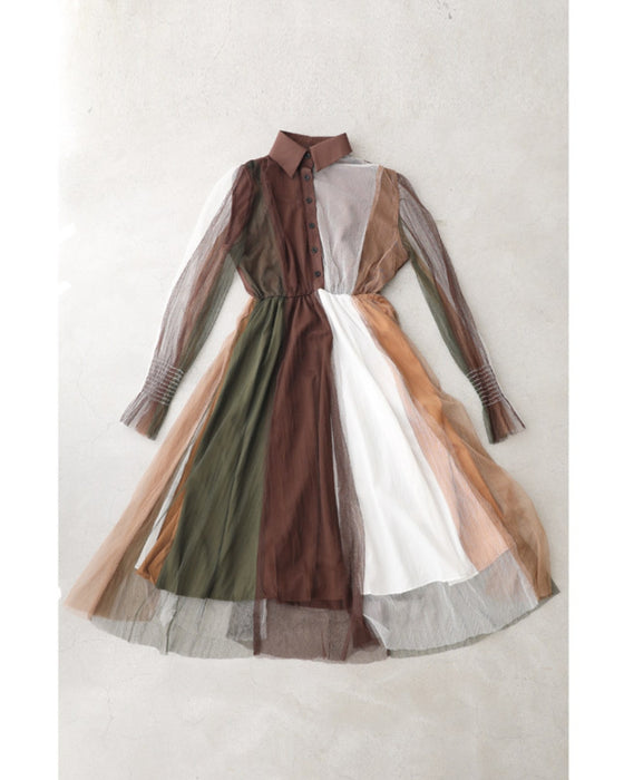 ふわり舞うブロッキングカラーのチュールミディアムワンピース