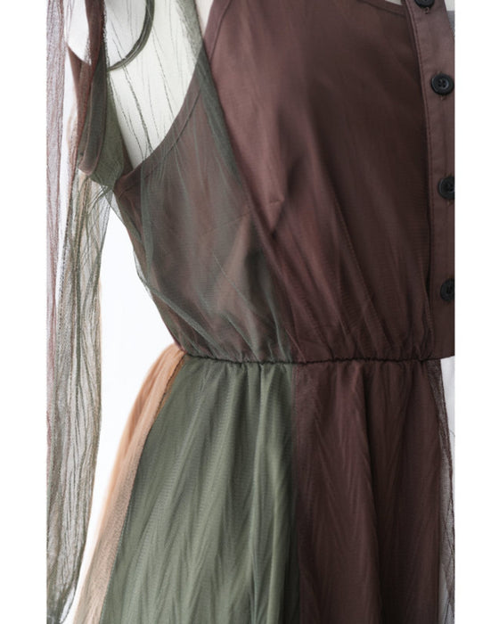 ふわり舞うブロッキングカラーのチュールミディアムワンピース