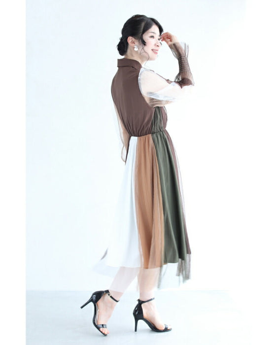 ふわり舞うブロッキングカラーのチュールミディアムワンピース