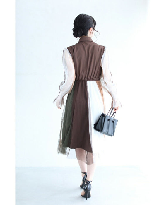 ふわり舞うブロッキングカラーのチュールミディアムワンピース