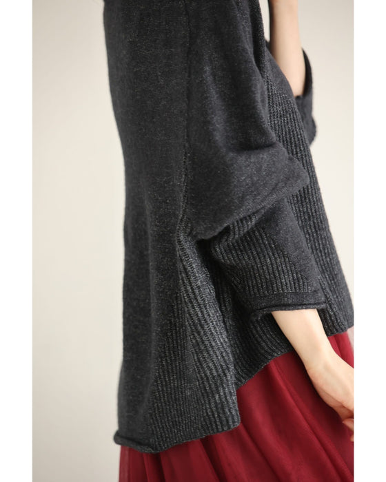 アート柄スヌード風ネックのドルマンニットプルオーバートップス