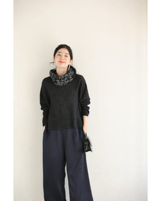 アート柄スヌード風ネックのドルマンニットプルオーバートップス