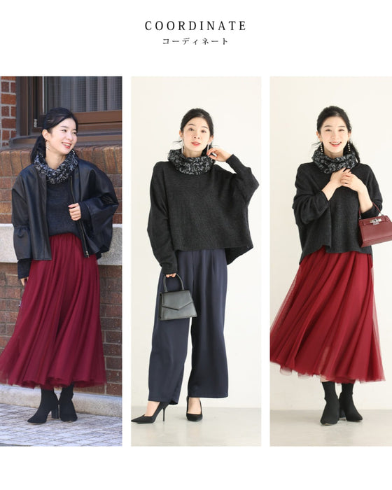 アート柄スヌード風ネックのドルマンニットプルオーバートップス