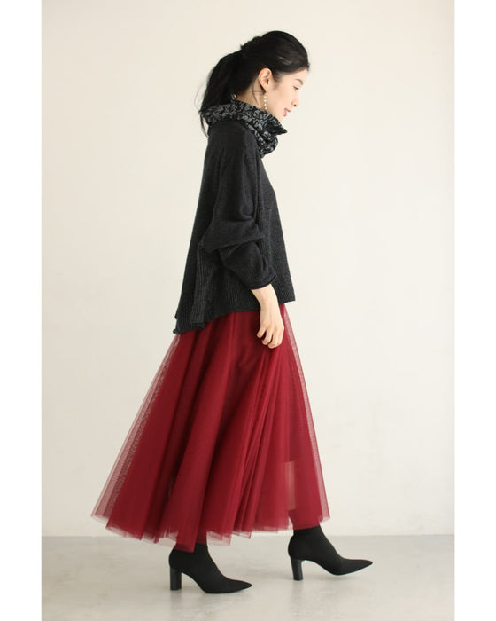 アート柄スヌード風ネックのドルマンニットプルオーバートップス