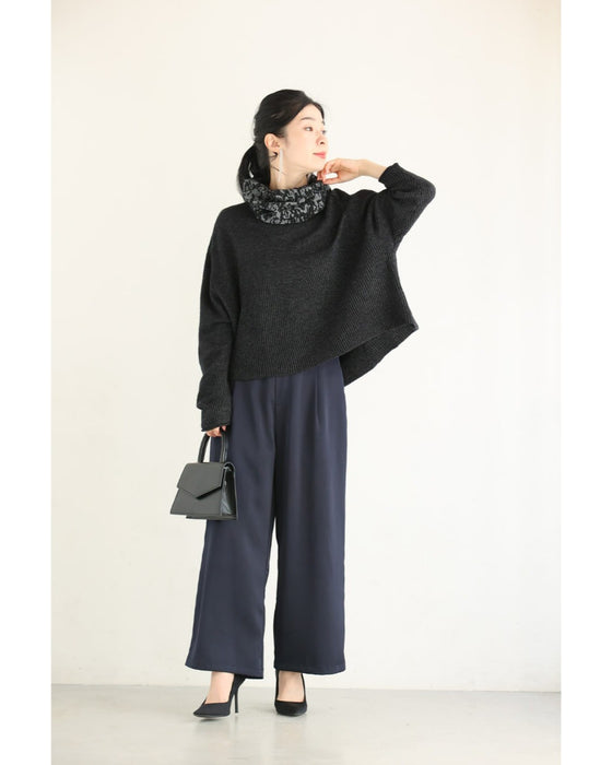 アート柄スヌード風ネックのドルマンニットプルオーバートップス