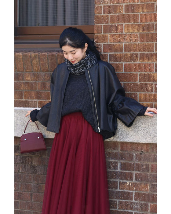 アート柄スヌード風ネックのドルマンニットプルオーバートップス