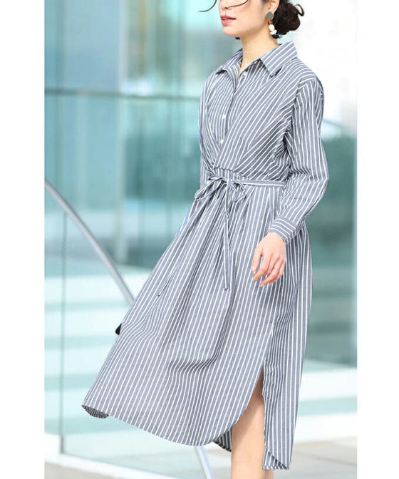 【アウトレット返品交換不可】（S~3L対応）重なる胸元タックの爽やかストライプミディアムワンピース