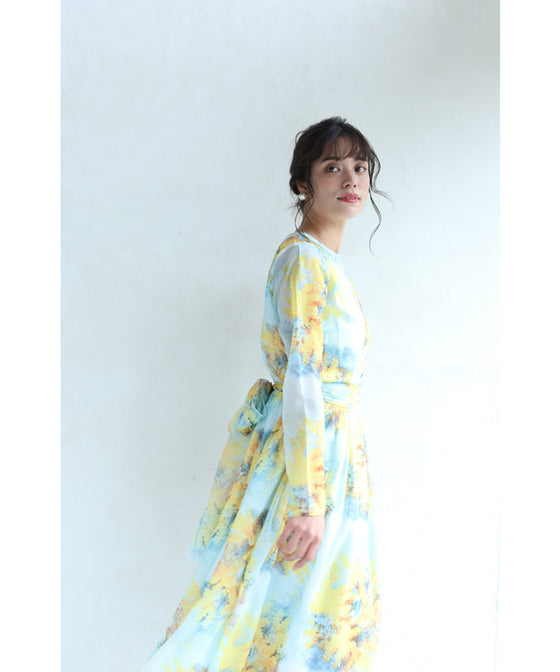 【セール商品返品交換不可】（S~M対応）（リボン付き）春を告げる愛らしいミモザロングワンピース