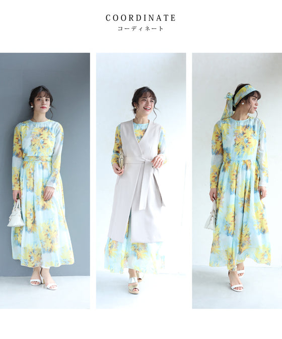 【セール商品返品交換不可】（S~M対応）（リボン付き）春を告げる愛らしいミモザロングワンピース