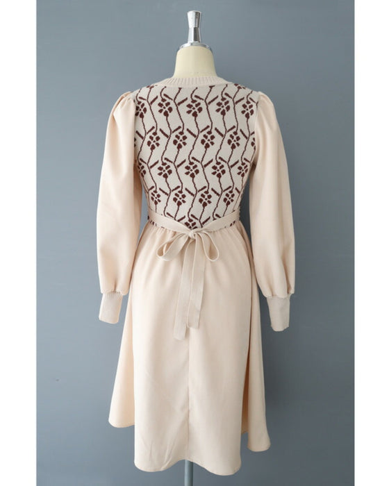 (S~L対応)可愛い花柄ニットのパフスリーブミディアムワンピース