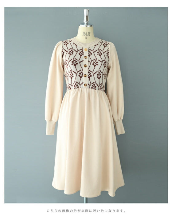 (S~L対応)可愛い花柄ニットのパフスリーブミディアムワンピース