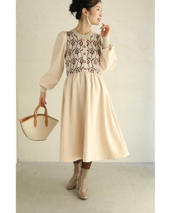 (S~L対応)可愛い花柄ニットのパフスリーブミディアムワンピース