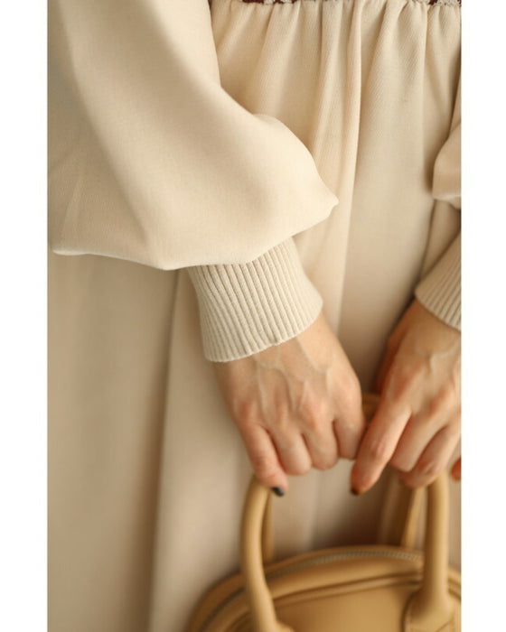 (S~L対応)可愛い花柄ニットのパフスリーブミディアムワンピース