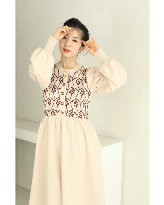 (S~L対応)可愛い花柄ニットのパフスリーブミディアムワンピース