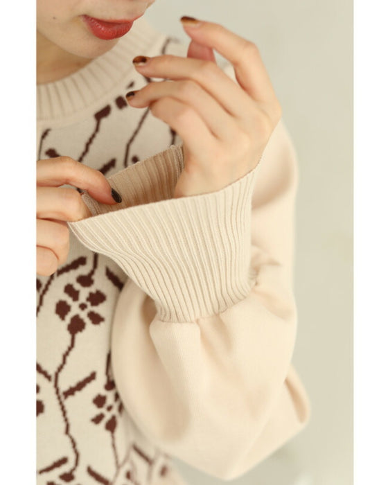 (S~L対応)可愛い花柄ニットのパフスリーブミディアムワンピース