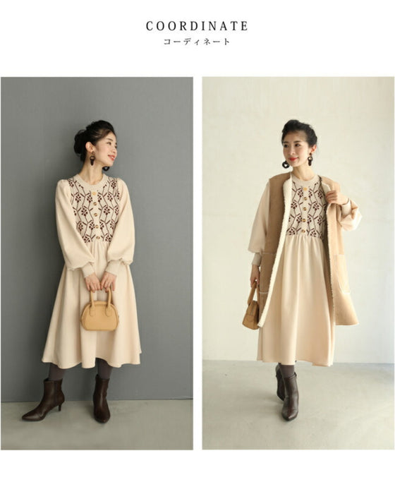 (S~L対応)可愛い花柄ニットのパフスリーブミディアムワンピース