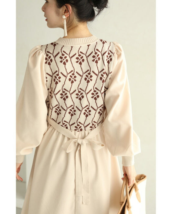 (S~L対応)可愛い花柄ニットのパフスリーブミディアムワンピース